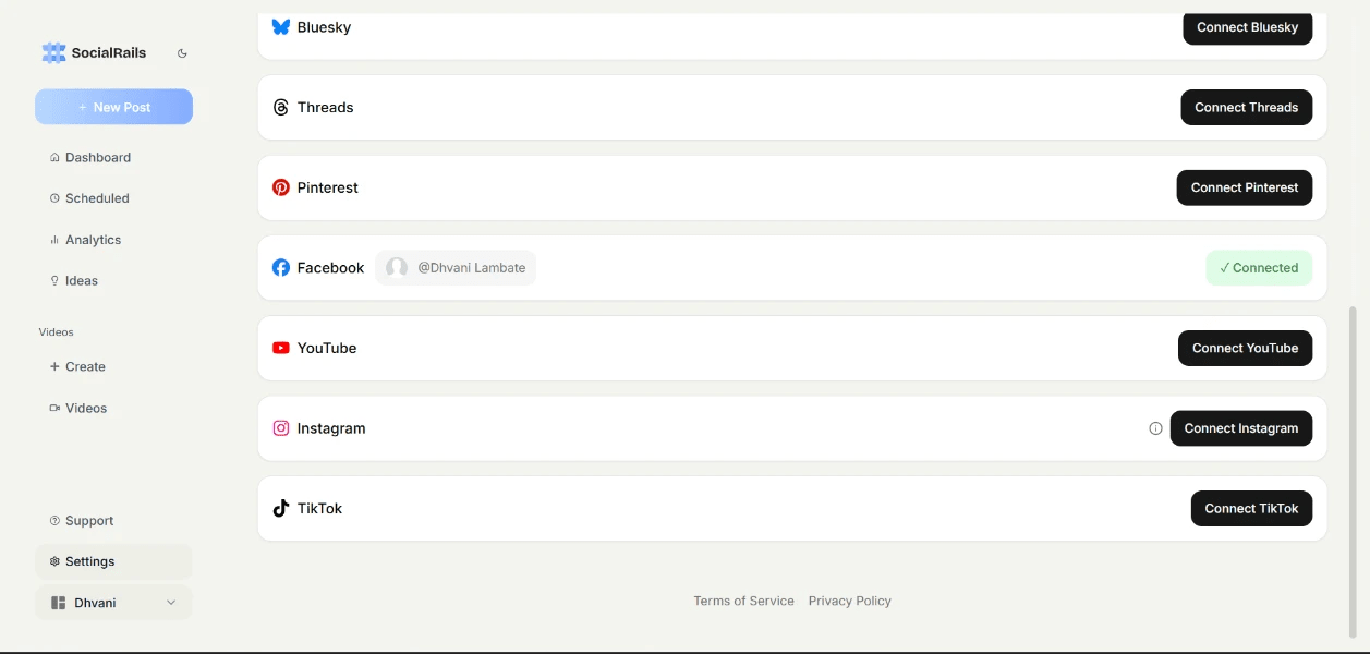 SocialRails settings showing available social media platforms including Instagram, TikTok, and YouTube.