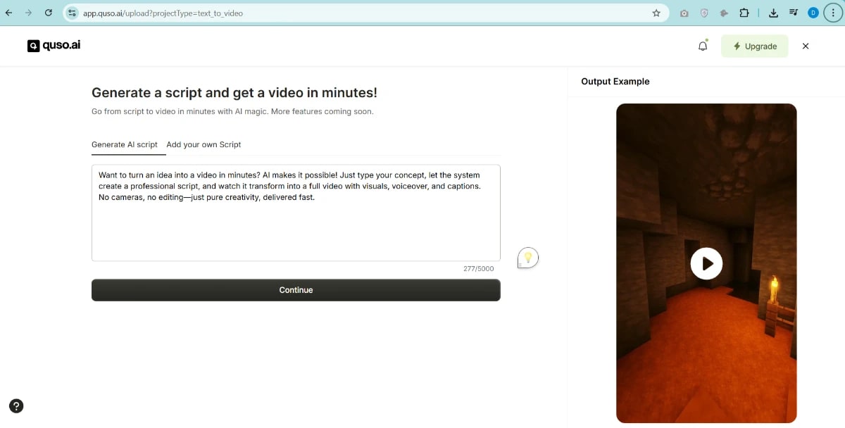 Quso AI text-to-video creation tool with scene preview.