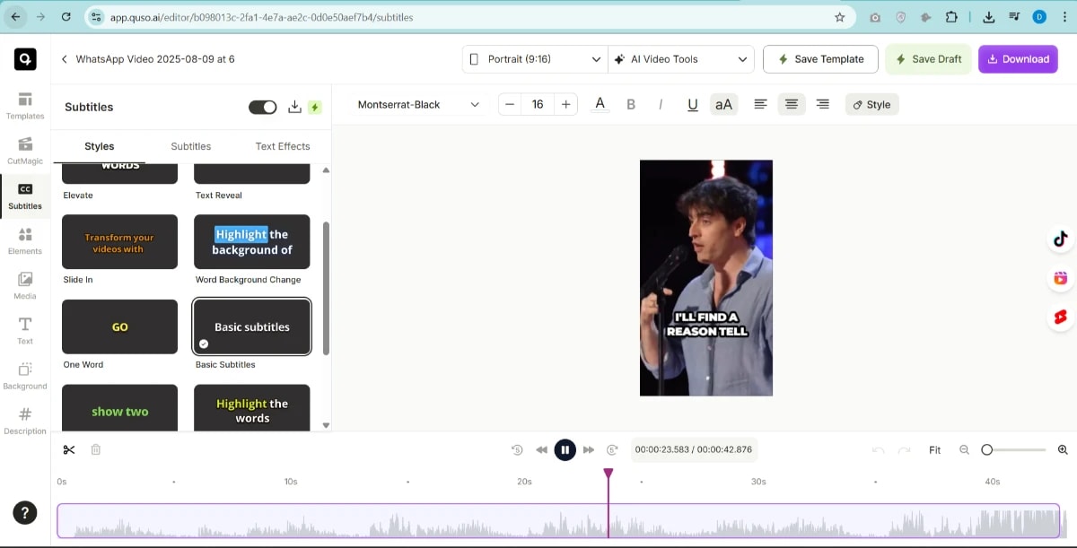 Quso AI video editing interface with subtitle style options and video preview.