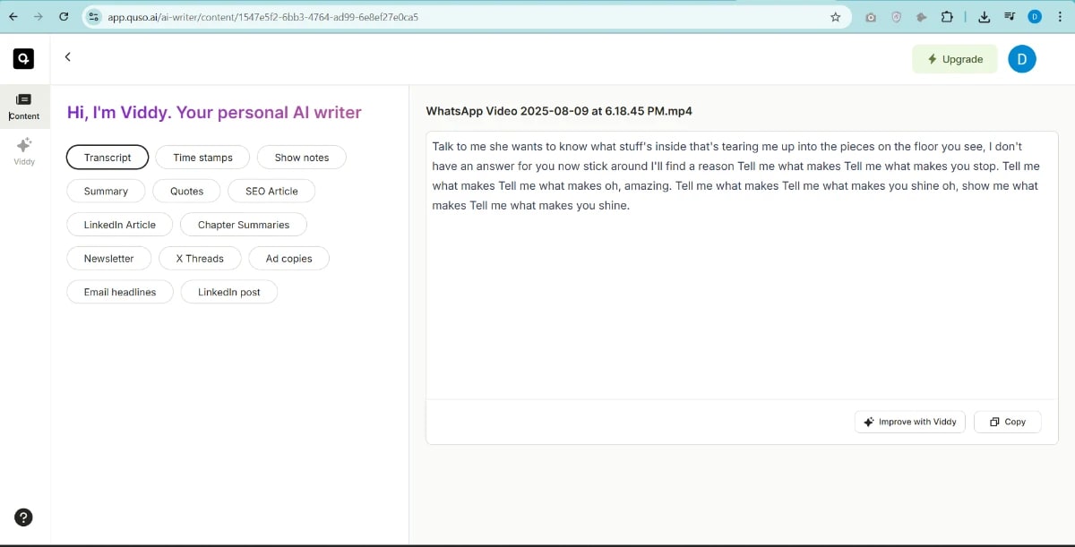 Advanced AI writing interface showing multiple content options.
