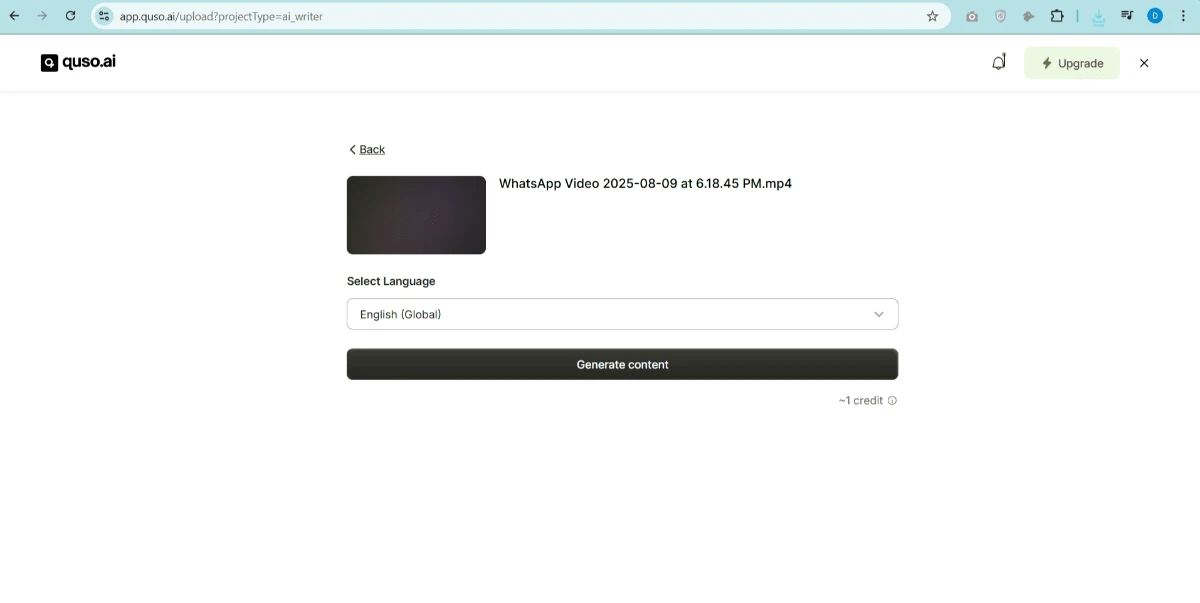 Quso AI content writing assistant dashboard.