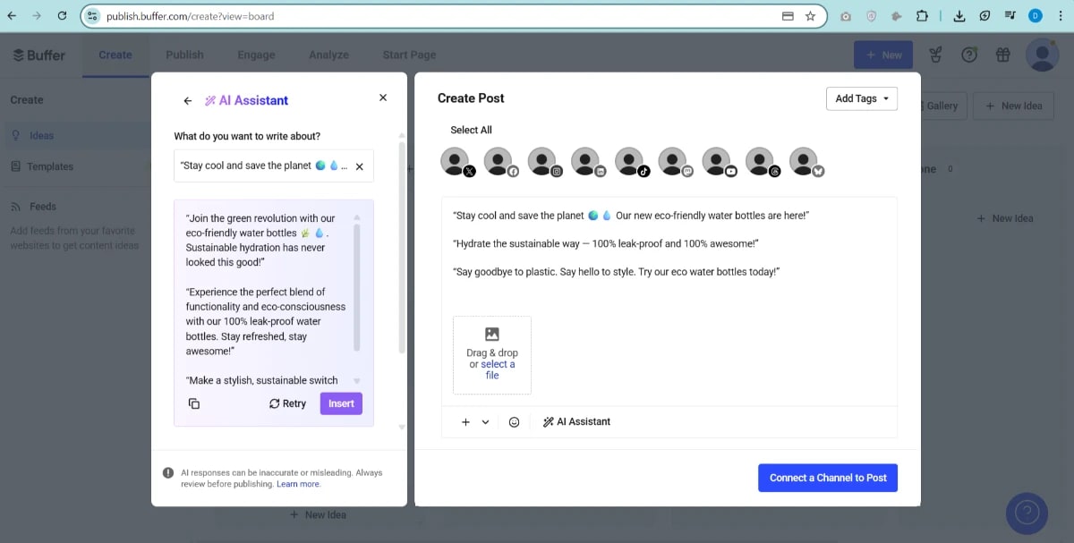AI-generated social media post preview in Buffer dashboard
