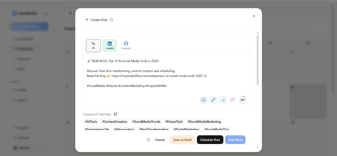 Scheduled posts calendar in Solopreneur AI.