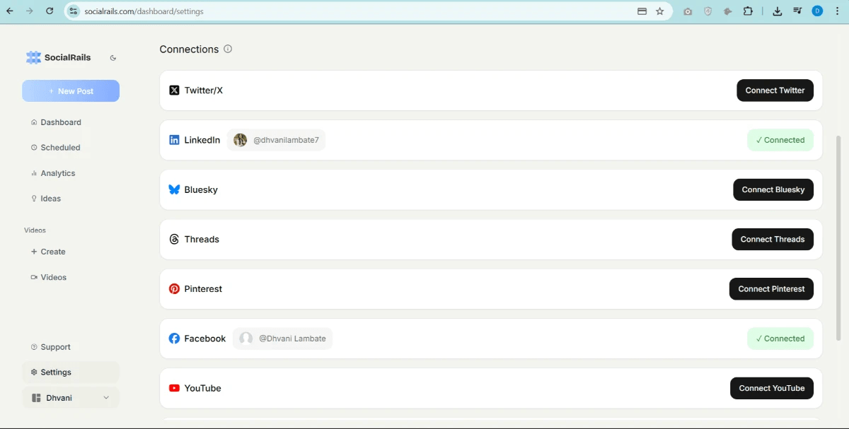 SocialRails dashboard showing social media integration options with LinkedIn and Facebook connected.