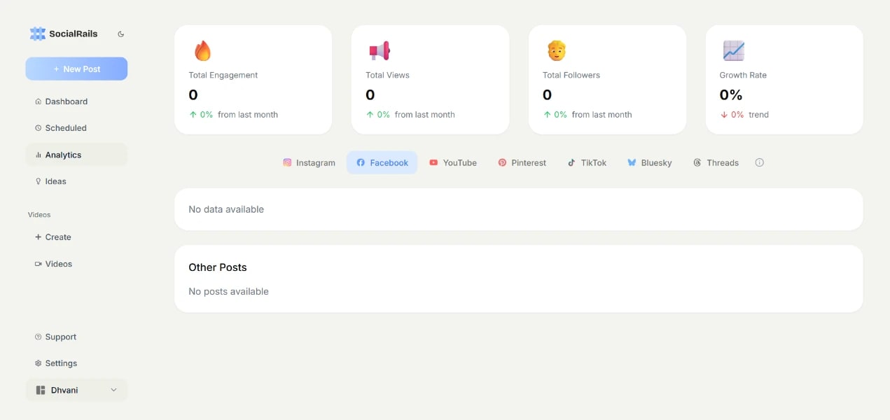 SocialRails analytics dashboard with engagement, views, followers, and growth rate statistics.