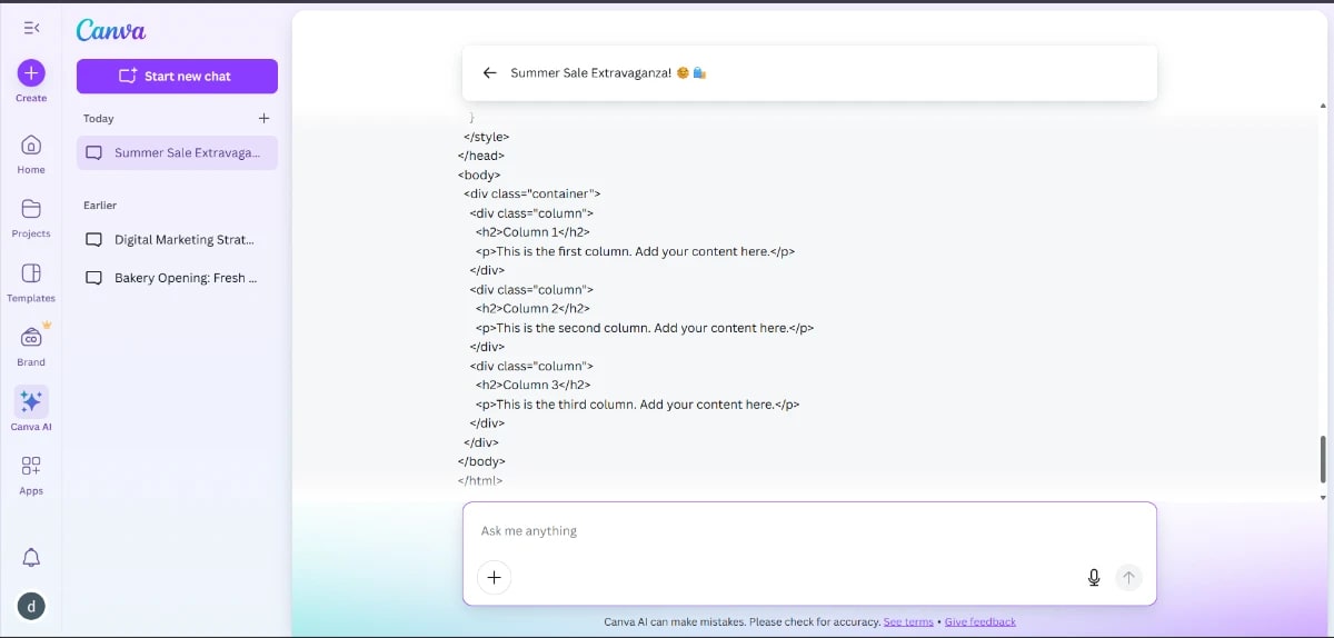 Canva AI generating responsive HTML layout with 3-column structure