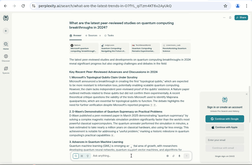 Perplexity AI Review 2025 showing query results on latest quantum computing breakthroughs in 2024