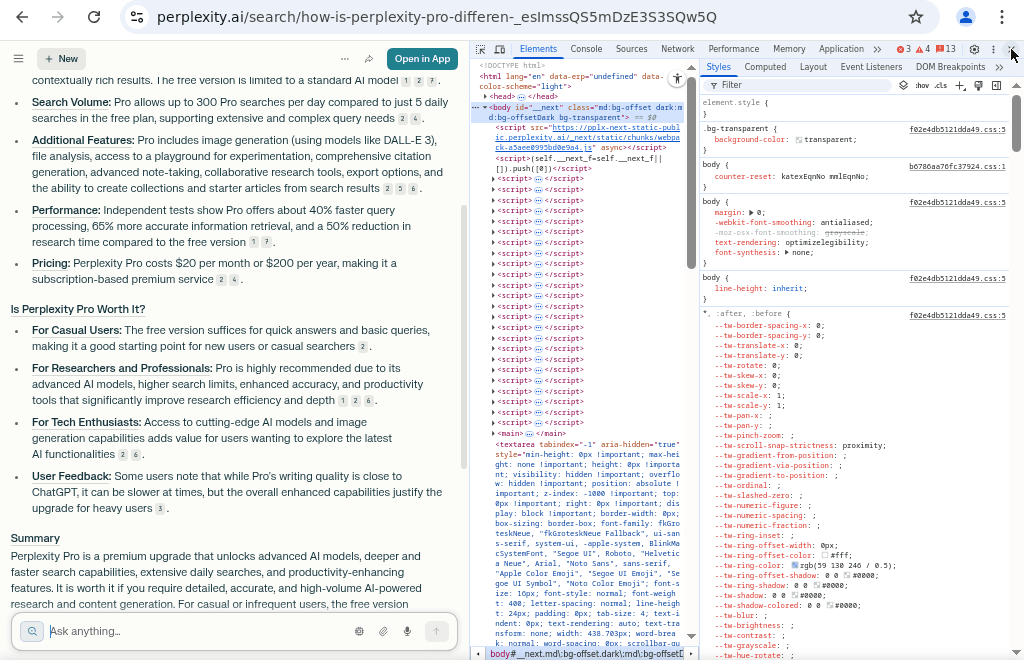 Perplexity AI Review 2025 screenshot showing feature breakdown of Perplexity Pro including search volume, additional features, performance, pricing, and suitability for different user types.