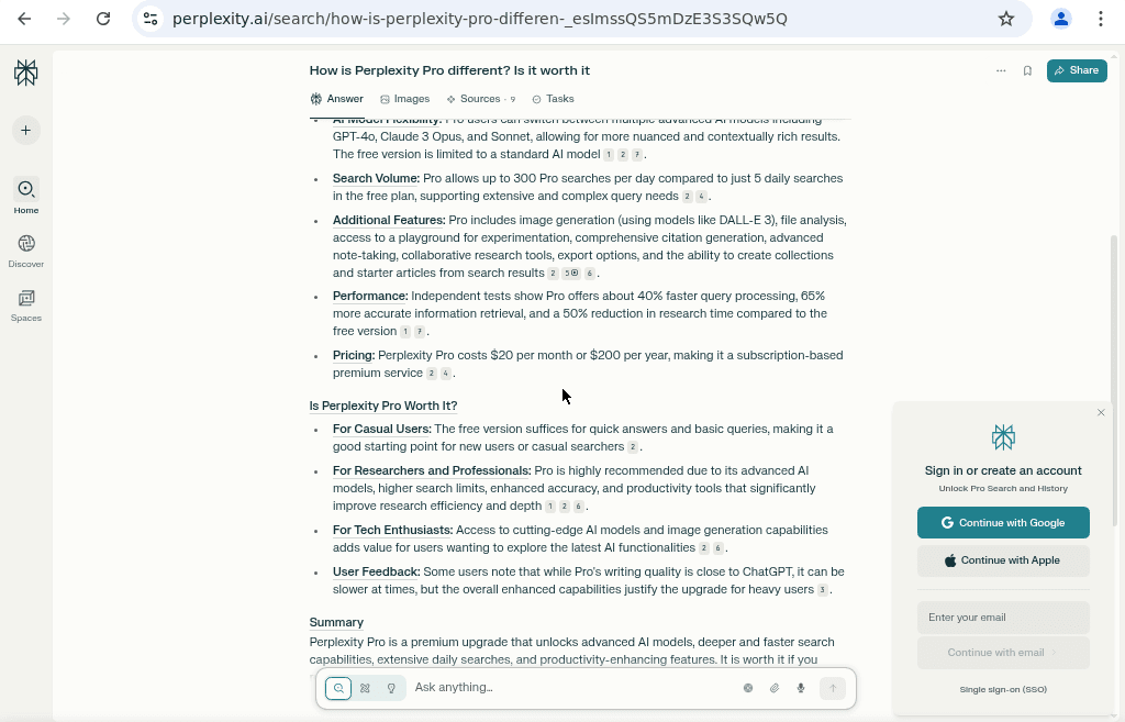 Perplexity AI Review 2025 screenshot showing Perplexity Pro's benefits including higher search volume, additional features like DALL-E image generation, faster performance, pricing, and suitability for various user types.