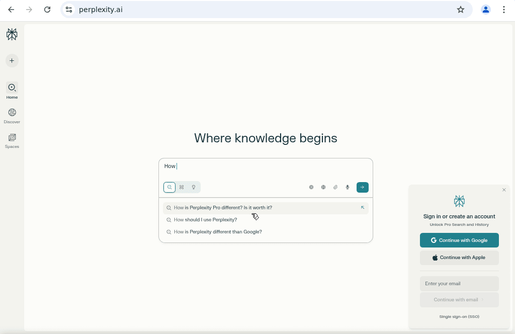 Perplexity AI Review 2025 screenshot showing the homepage search interface with autocomplete suggestions such as