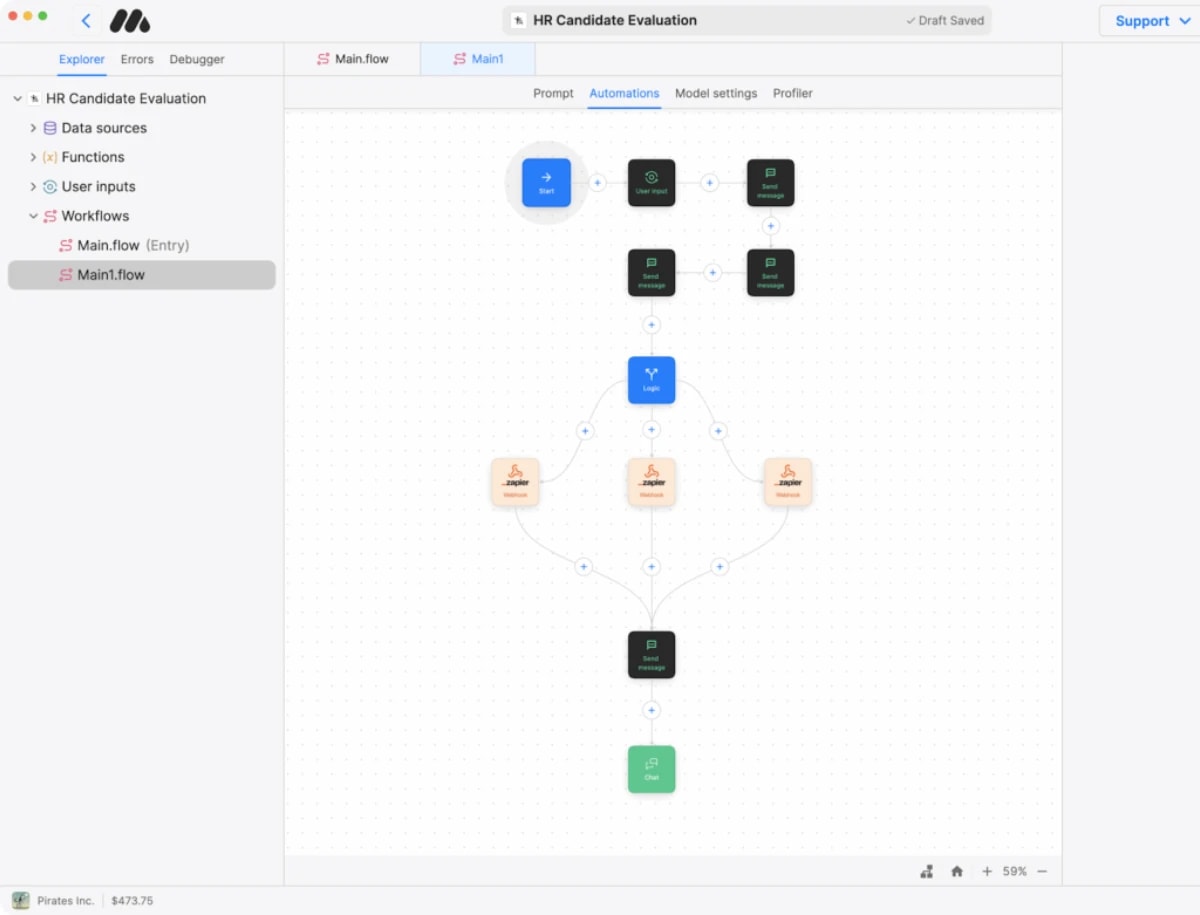 MindStudio AI visual workflow builder showing HR candidate evaluation process with automated screening steps