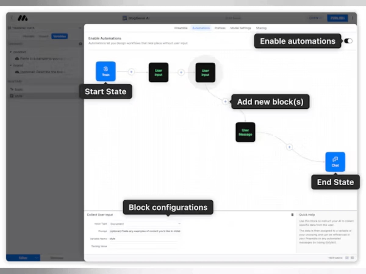 MindStudio AI automation workflow showing Generate Text block with full prompt editor and AI model selection