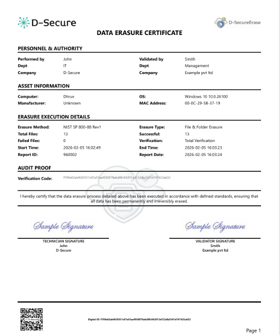 Tamper-proof Erasure Report