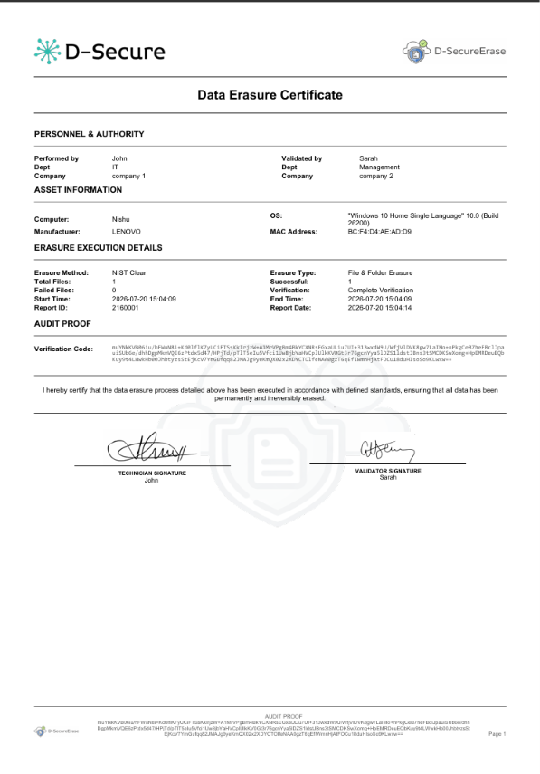 File Eraser Certificate