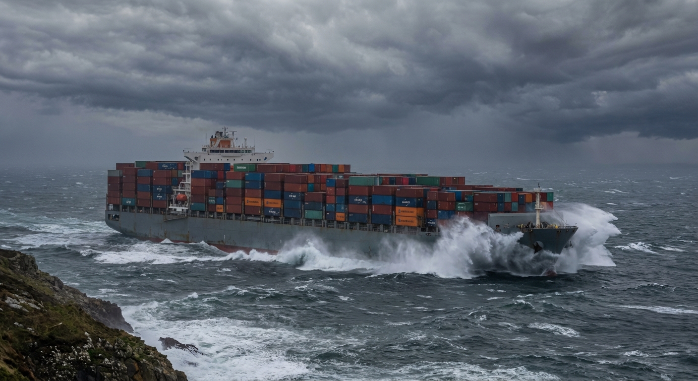 Container ship navigating ocean waters representing international trade routes