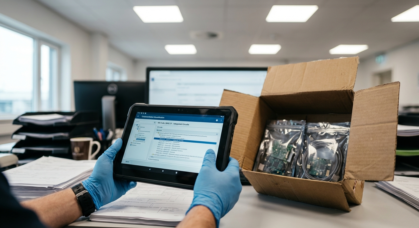 Customs officer examining shipping documents and product classifications