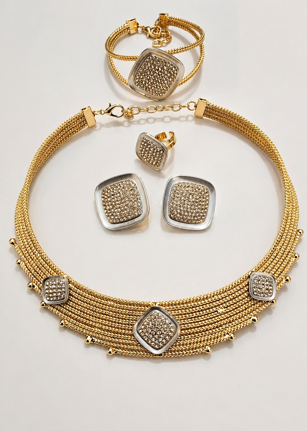 Gold Prism Luxe Jewelry Set – Multi-Strand Necklace, Bracelet, Ring & Stud Earrings with Crystal Pavé Design