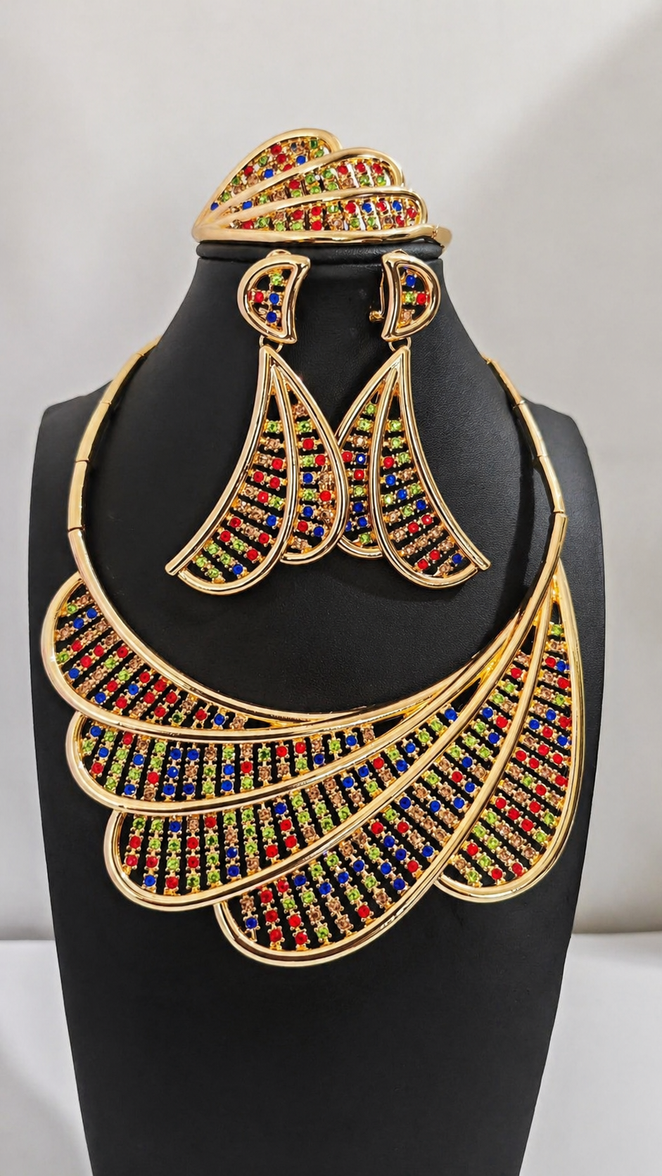 Luxury Gold Multicolor Statement Jewelry Set – African Beaded Crystal Necklace, Earrings & Bracelet Set for Women
