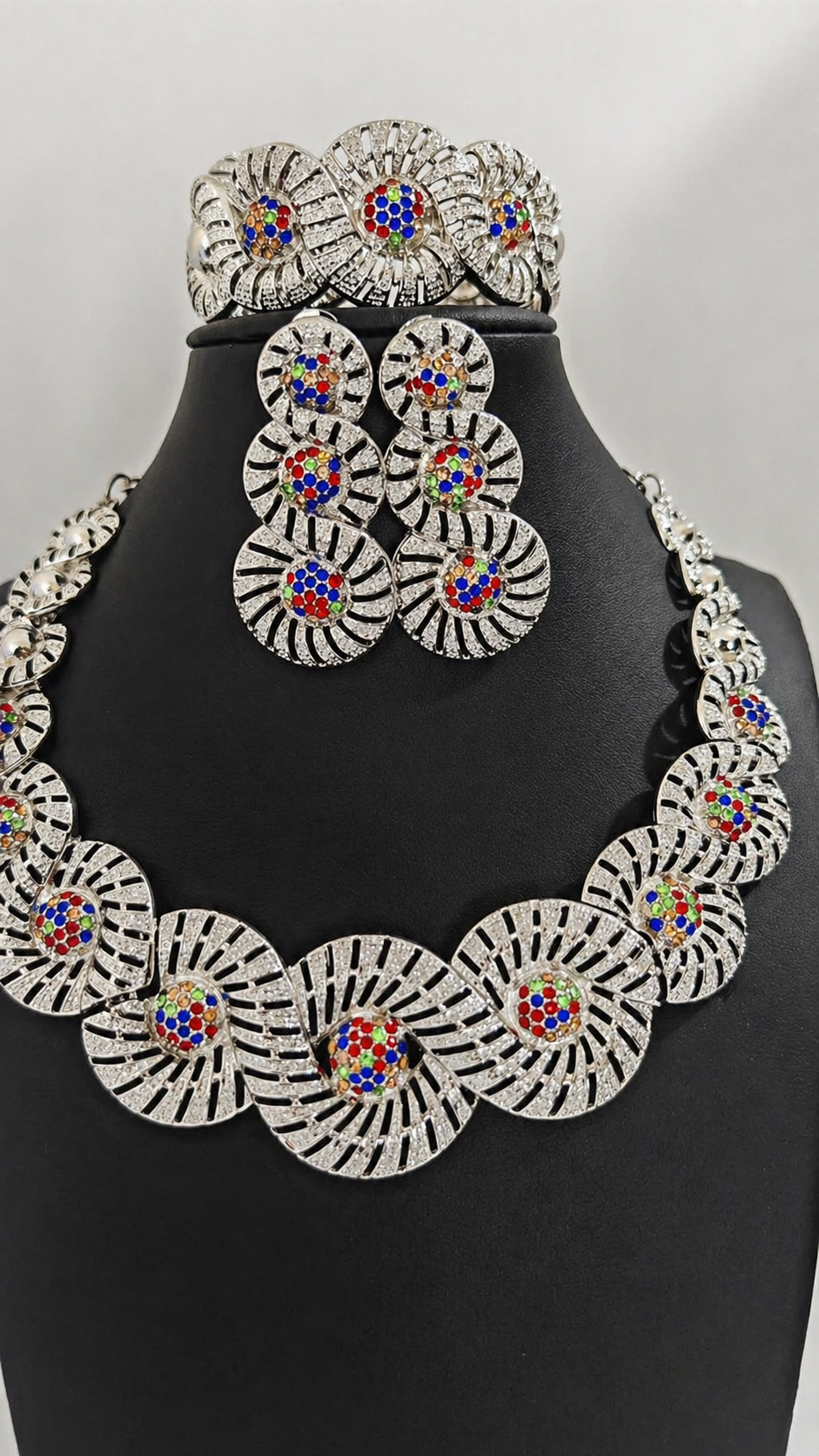Luxury Multicolor Crystal Statement Jewelry Set – Silver Spiral Necklace, Earrings & Bracelet Set for Women