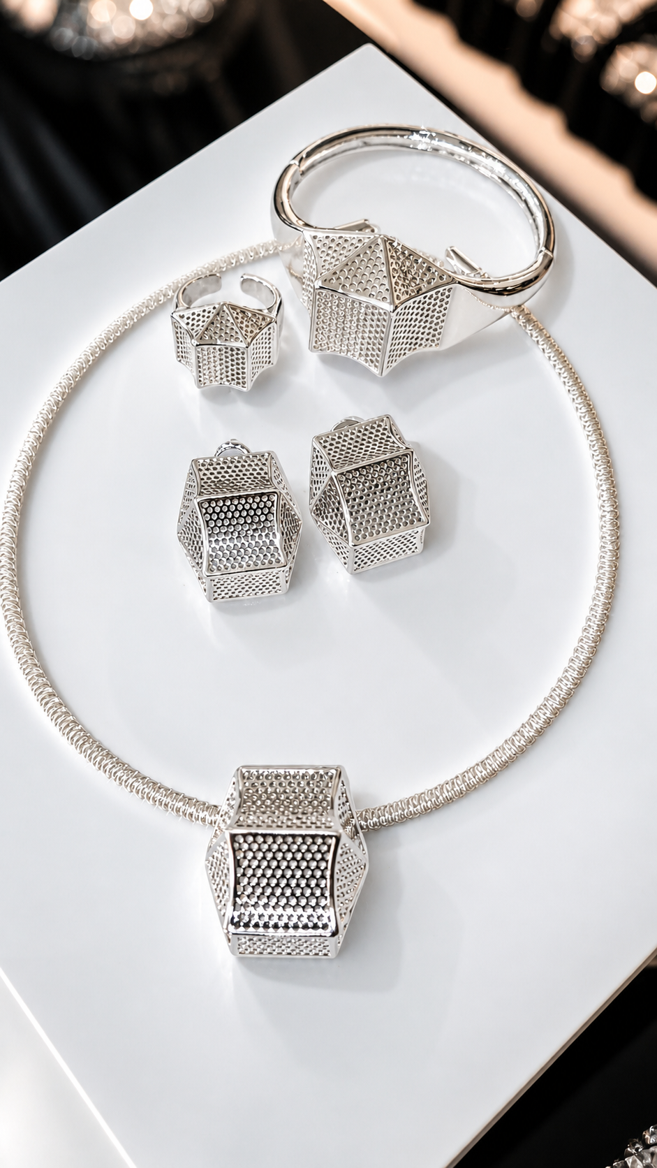 Geometric Silver Cube Jewelry Set – Statement Necklace, Bracelet, Ring & Earrings