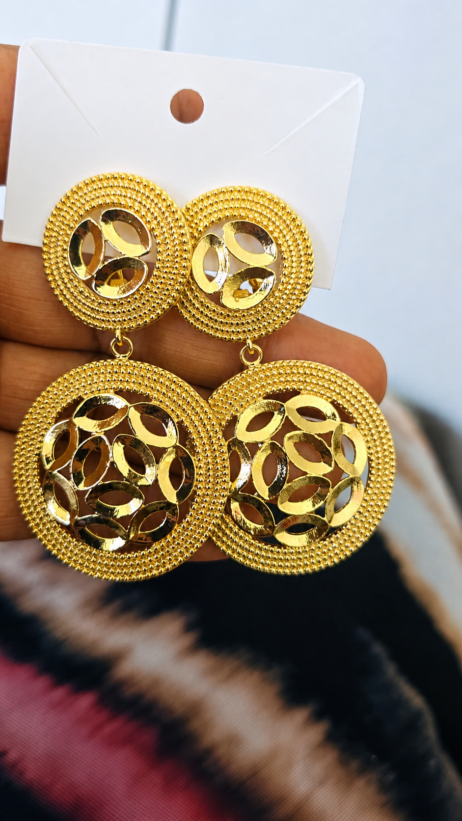 Luxury Gold Double Disc Drop Earrings – Statement Round Dangle Earrings with Textured Filigree Design for Women