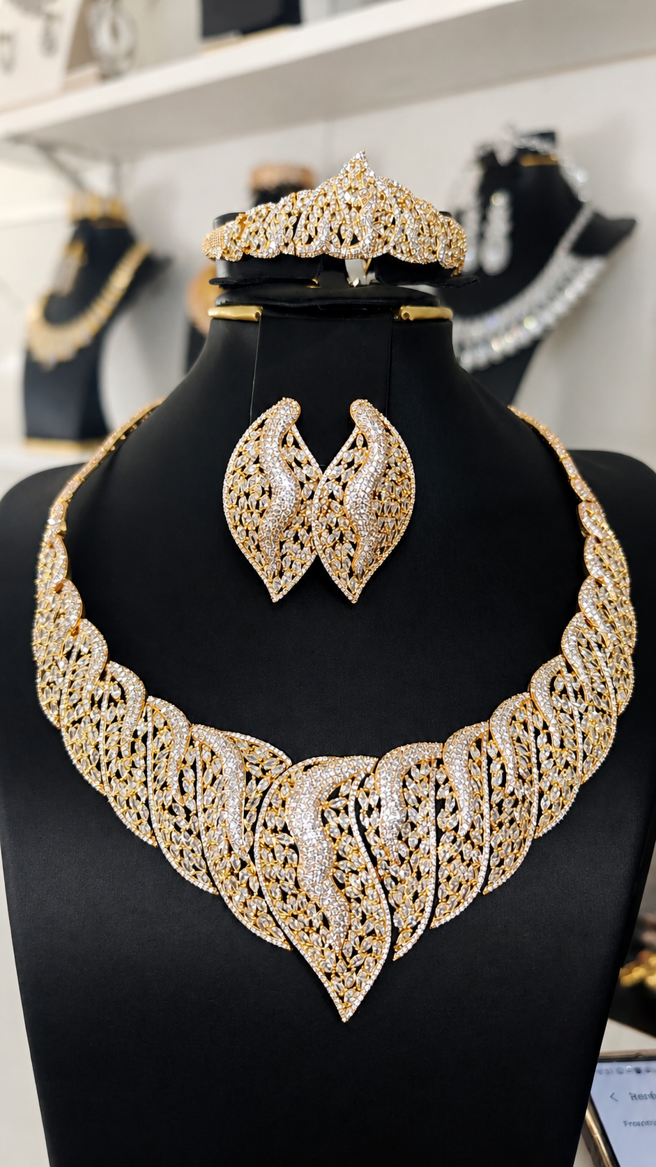 Luxury Gold Crystal Leaf Bridal Jewelry Set – Statement Necklace, Earrings & Crown Set for Women