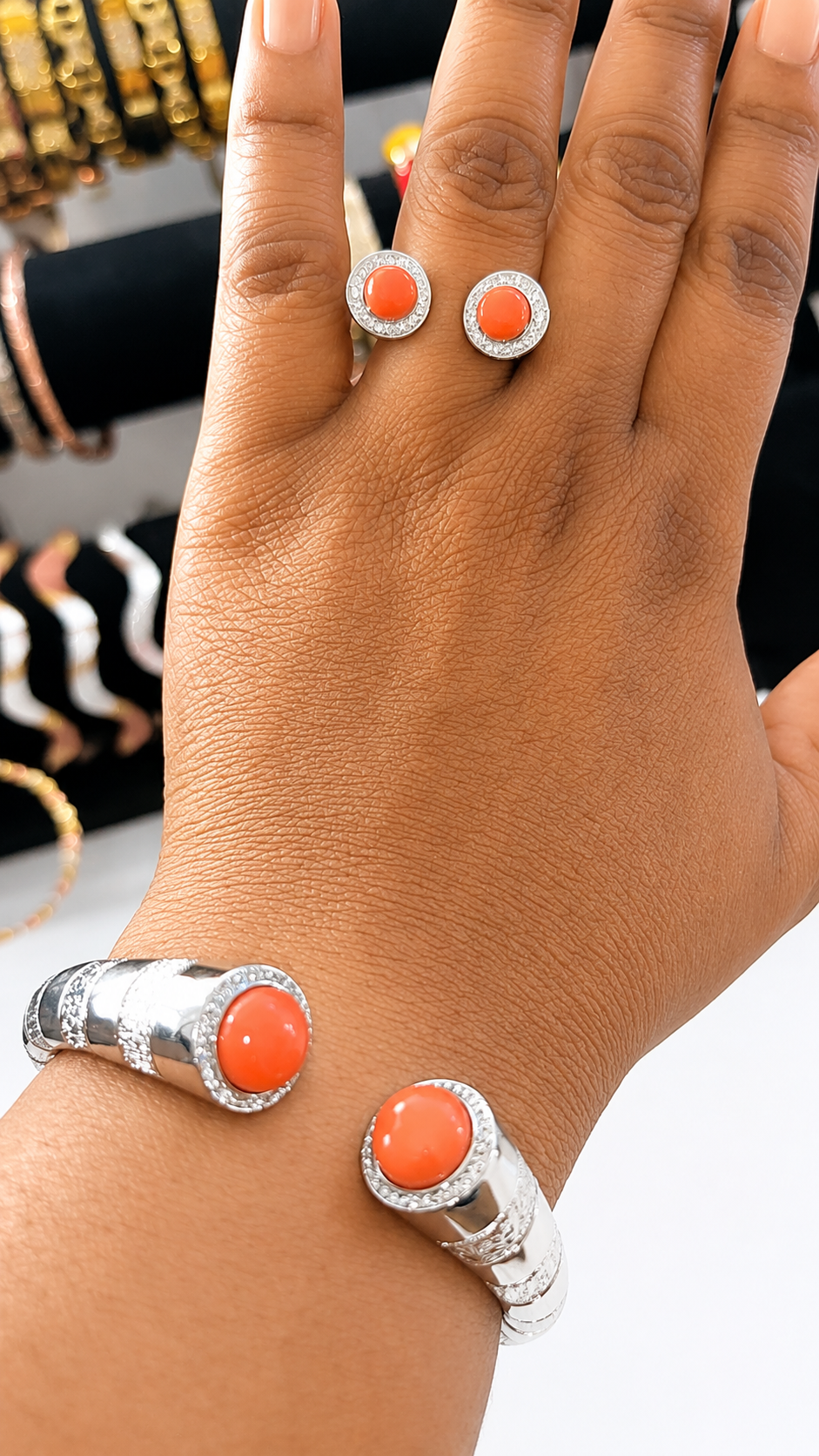 Luxury Orange Coral Silver Bracelet & Ring Set – Elegant Women’s Fashion Jewelry