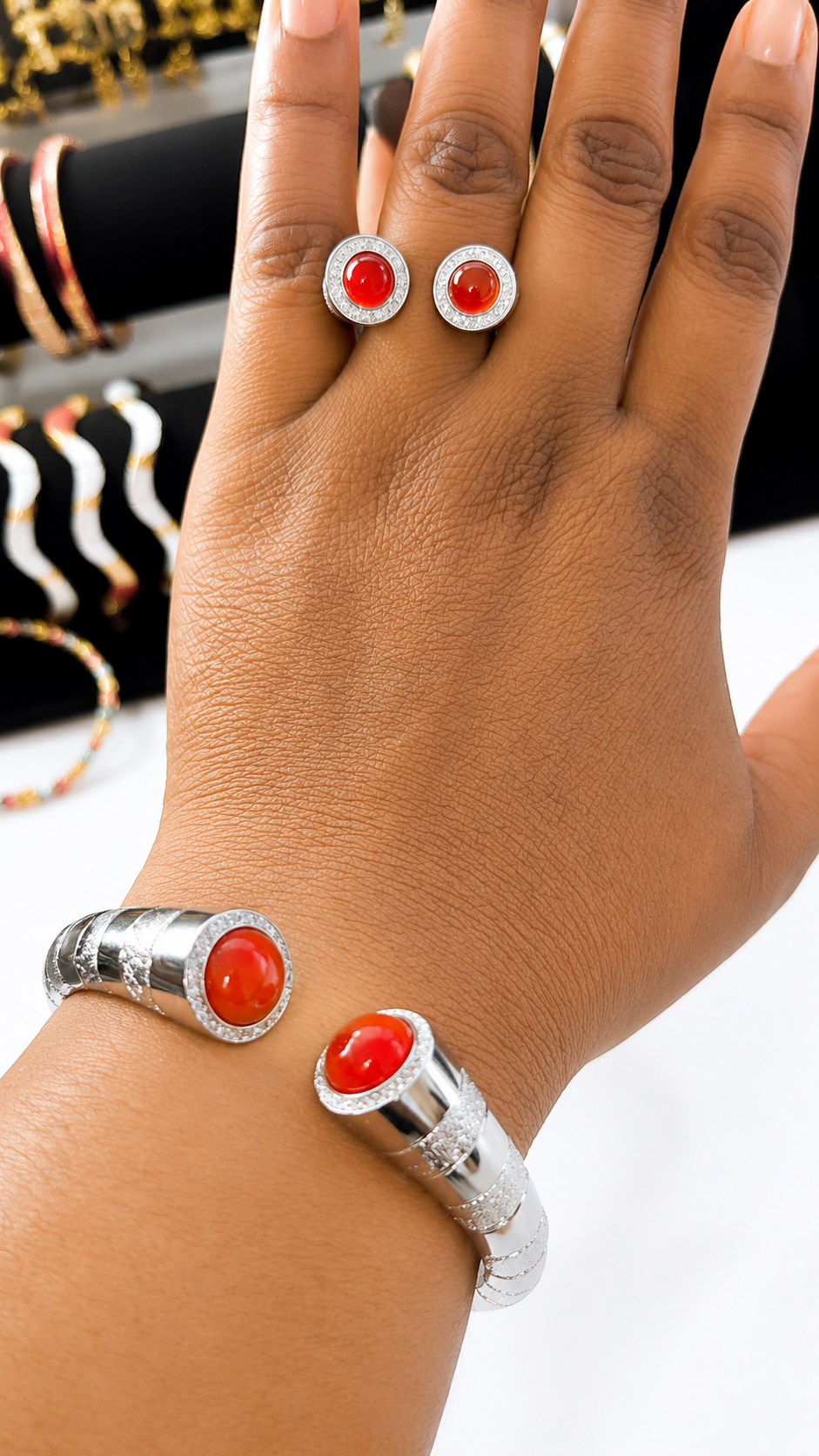 Luxury Red Coral Silver Bracelet & Ring Set – Elegant Women’s Fashion Jewelry