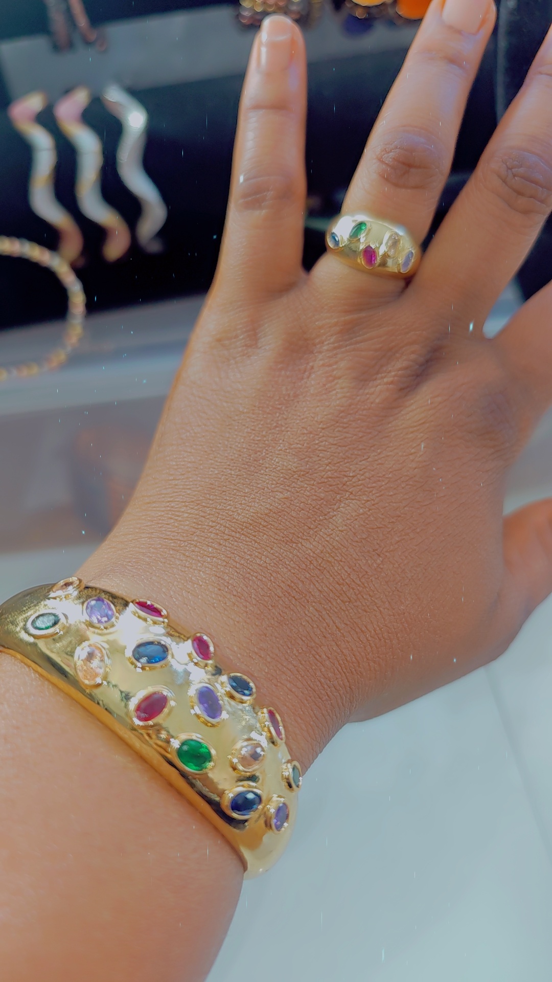 Luxury Multicolor Gemstone Gold Cuff Bracelet & Statement Ring Set for Women