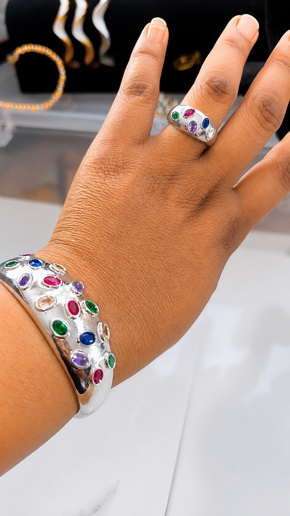 Luxury Silver Multicolor Gemstone Cuff Bracelet & Statement Ring Set for Women
