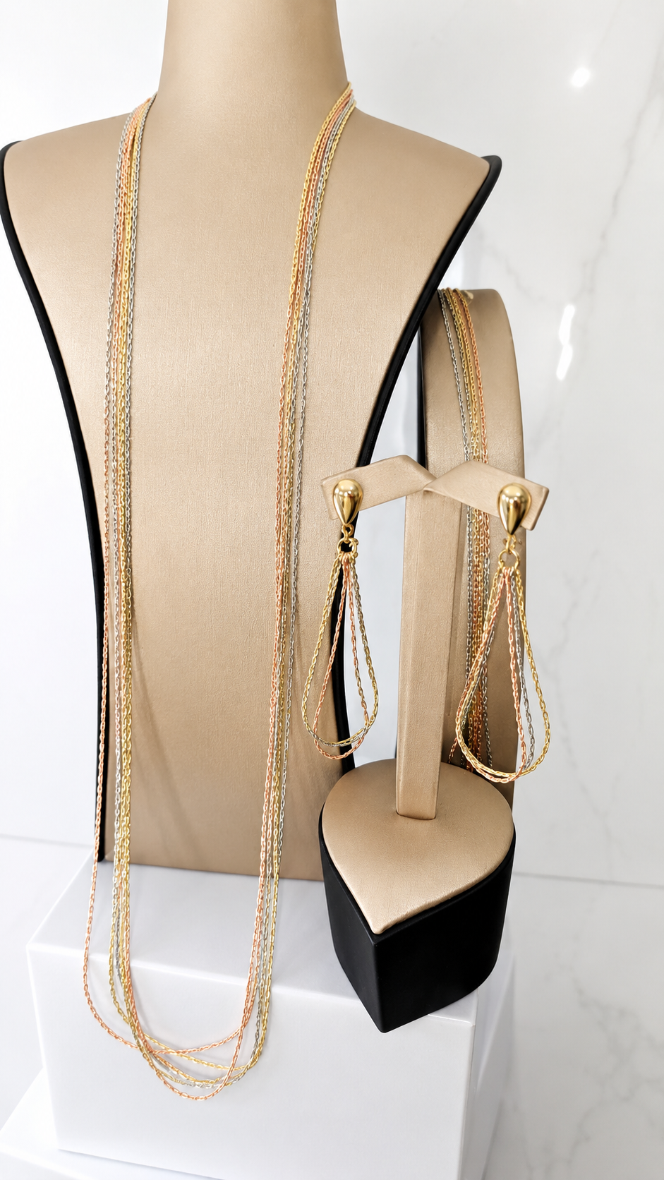 Elegant 3-Tone Layered Chain Necklace & Teardrop Earrings Set | Gold, Rose Gold & Silver Fashion Jewelry Set for Women