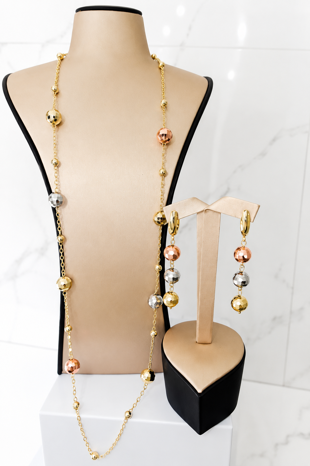 Luxury Gold Beaded Long Necklace & Drop Earrings Set | 3-Tone Crystal Ball Jewelry Set for Women