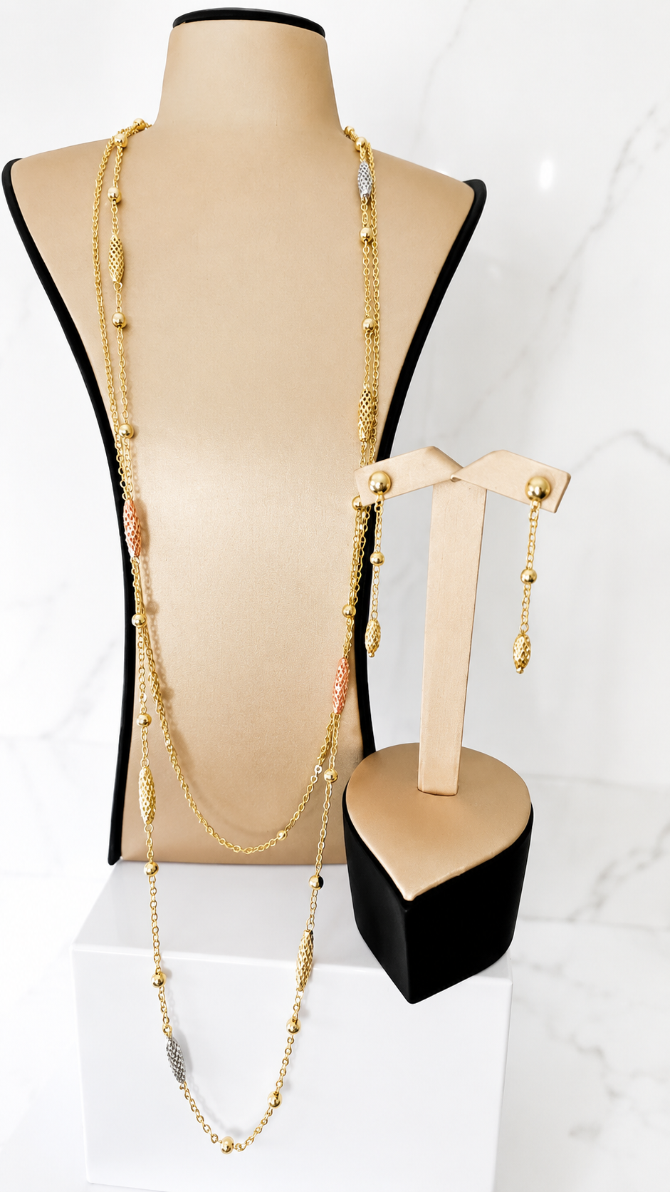 Luxury Gold Long Chain Necklace & Drop Earrings Set | Elegant Beaded Statement Jewelry Set for Women