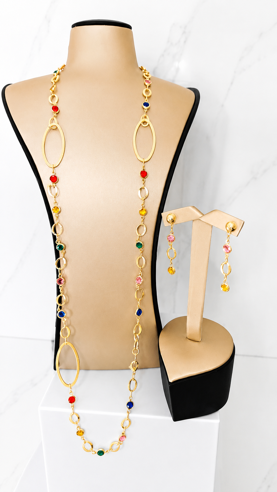 Luxury Gold Multi-Color Gemstone Necklace & Drop Earrings Set | Elegant Statement Jewelry Set for Women