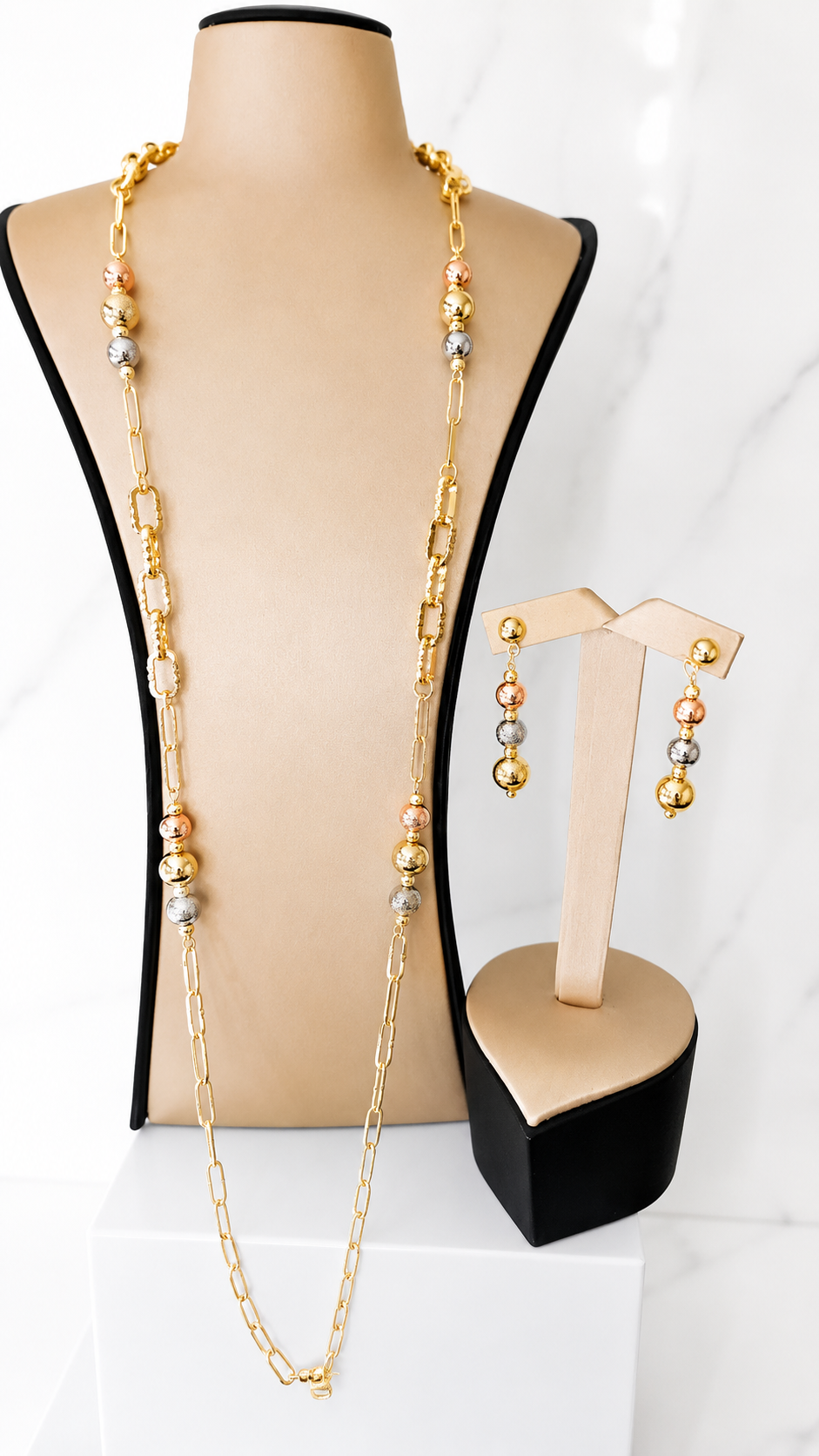 Luxury Tri-Tone Gold Beaded Long Necklace & Drop Earrings Set | Elegant Women’s Statement Jewelry