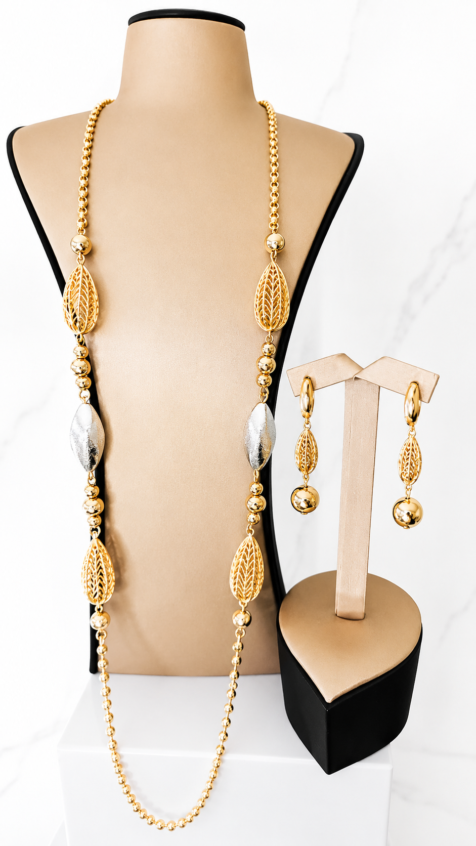 Luxury Gold Leaf Design Necklace & Drop Earrings Set | Elegant Statement Jewelry Set for Women