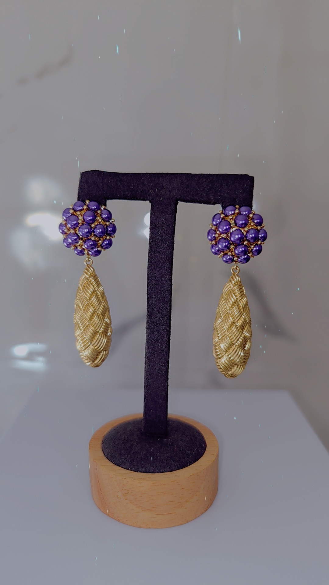Luxury Purple Beaded Gold Statement Drop Earrings