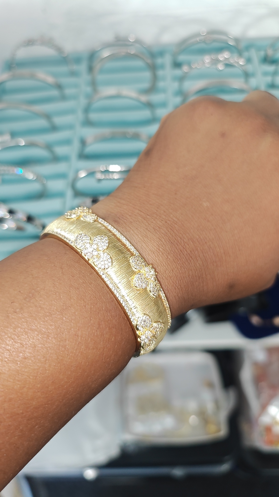 Flora Brushed Gold Meadow Pavé Bangle Clover Cuff