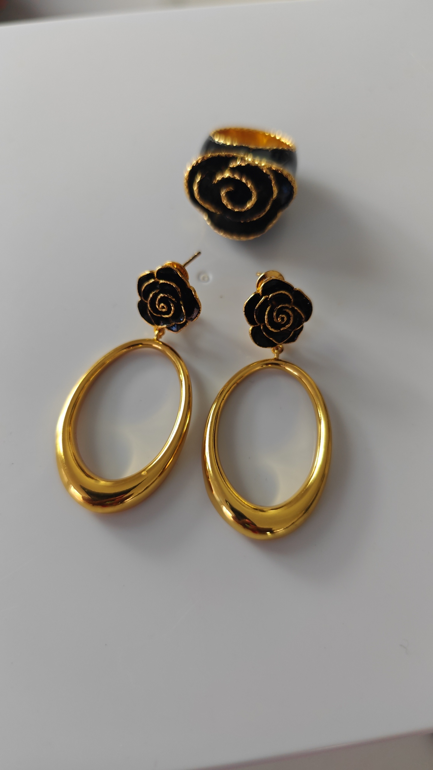 Midnight Rose Oval Drops - Noir Rose Hoop Earrings