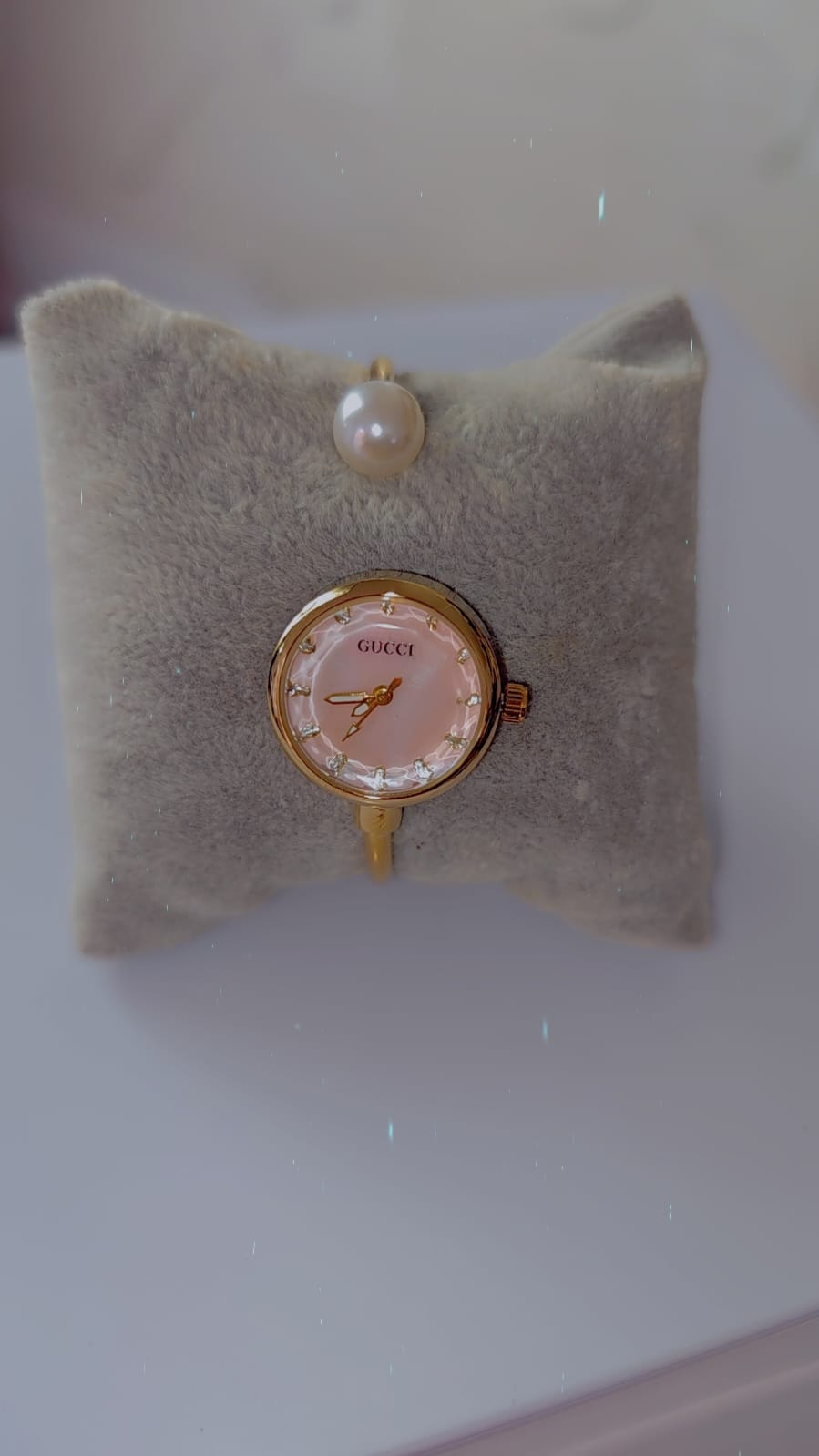 Luxury Women’s Gold Bracelet Watch with Pink Mother-of-Pearl Dial & Crystal Hour Markers