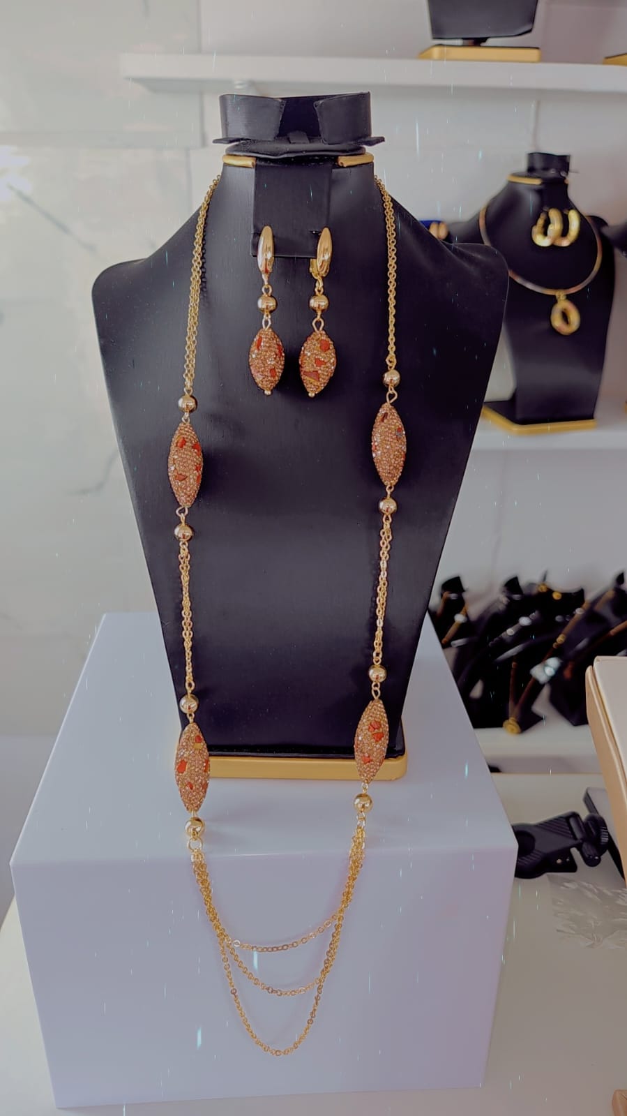 Luxury Gold-Tone Red Stone Long Necklace & Drop Earrings Set for Women I recommend this as