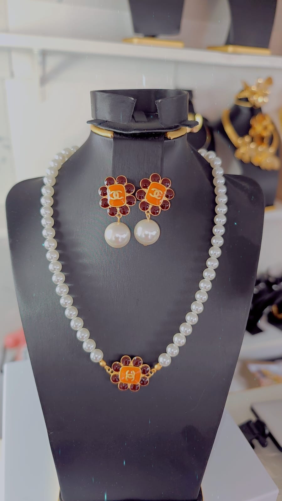 Elegant Gold-Tone Pearl Necklace & Drop Earrings Set with Red Floral Accents