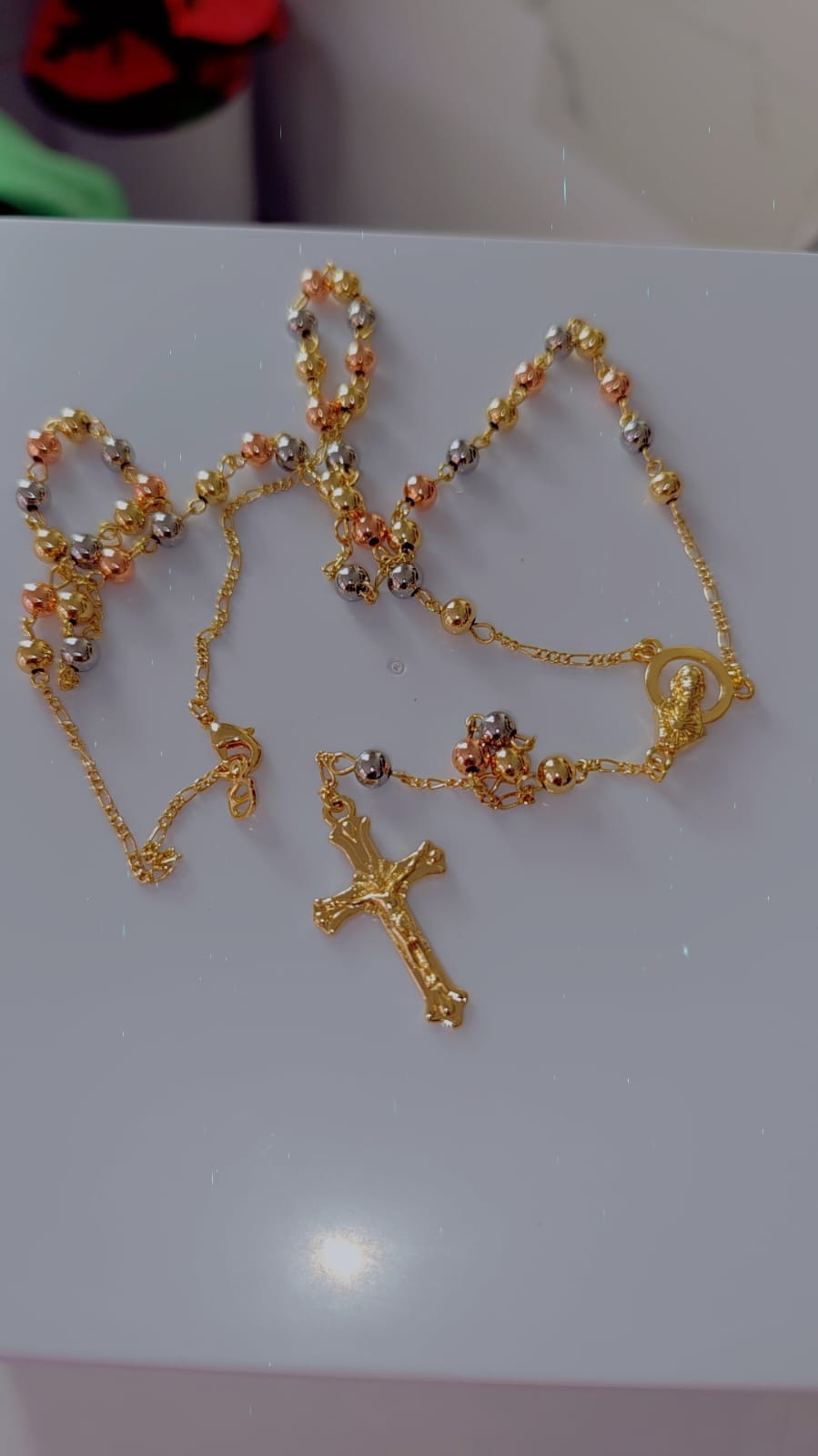 Luxury Gold-Tone Cross Pendant Necklace with Mixed-Tone Beaded Chain