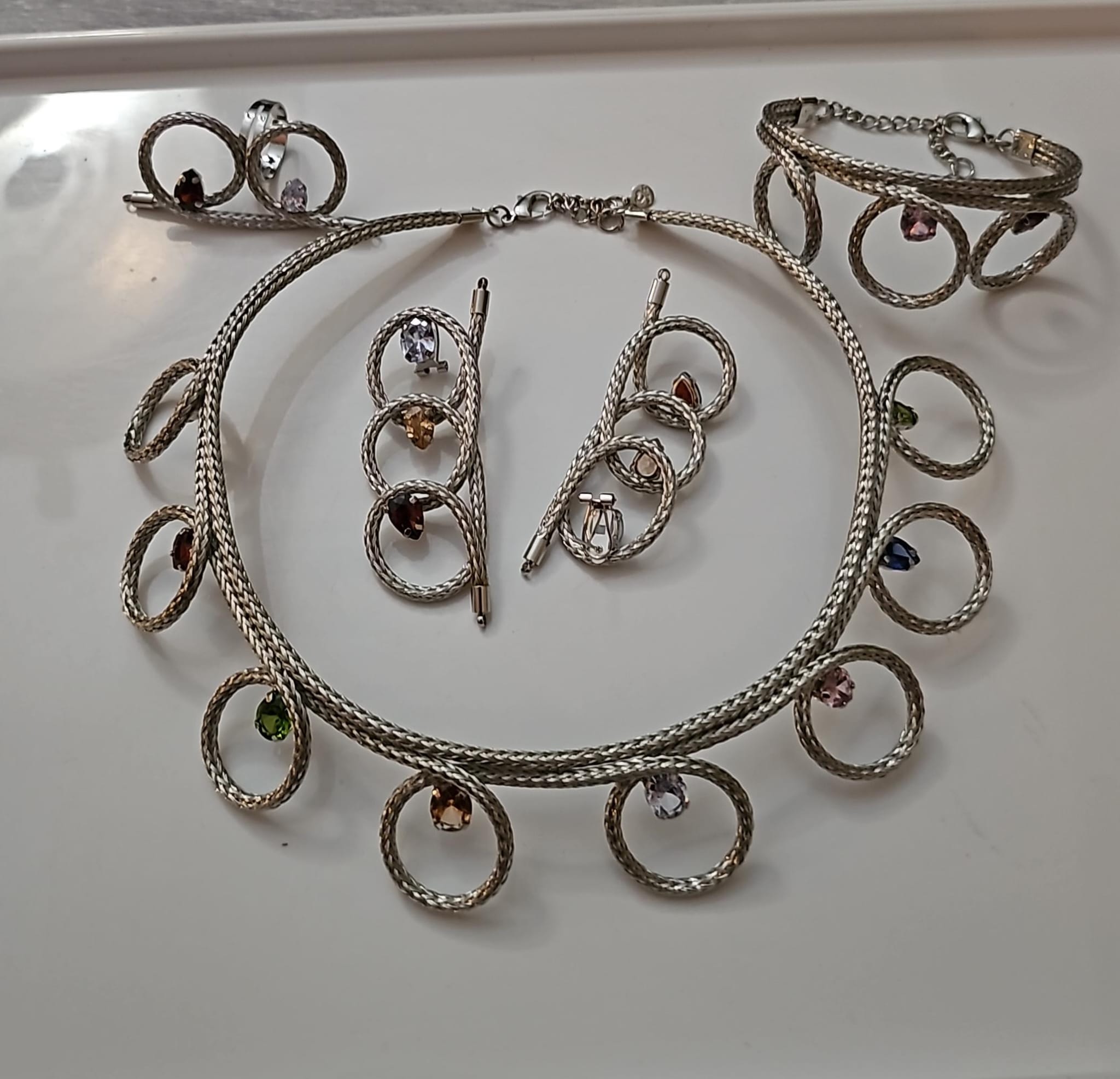 Silver Multicolor Gemstone Jewelry Set – Braided Mesh Necklace, Earrings, Bracelet & Rings