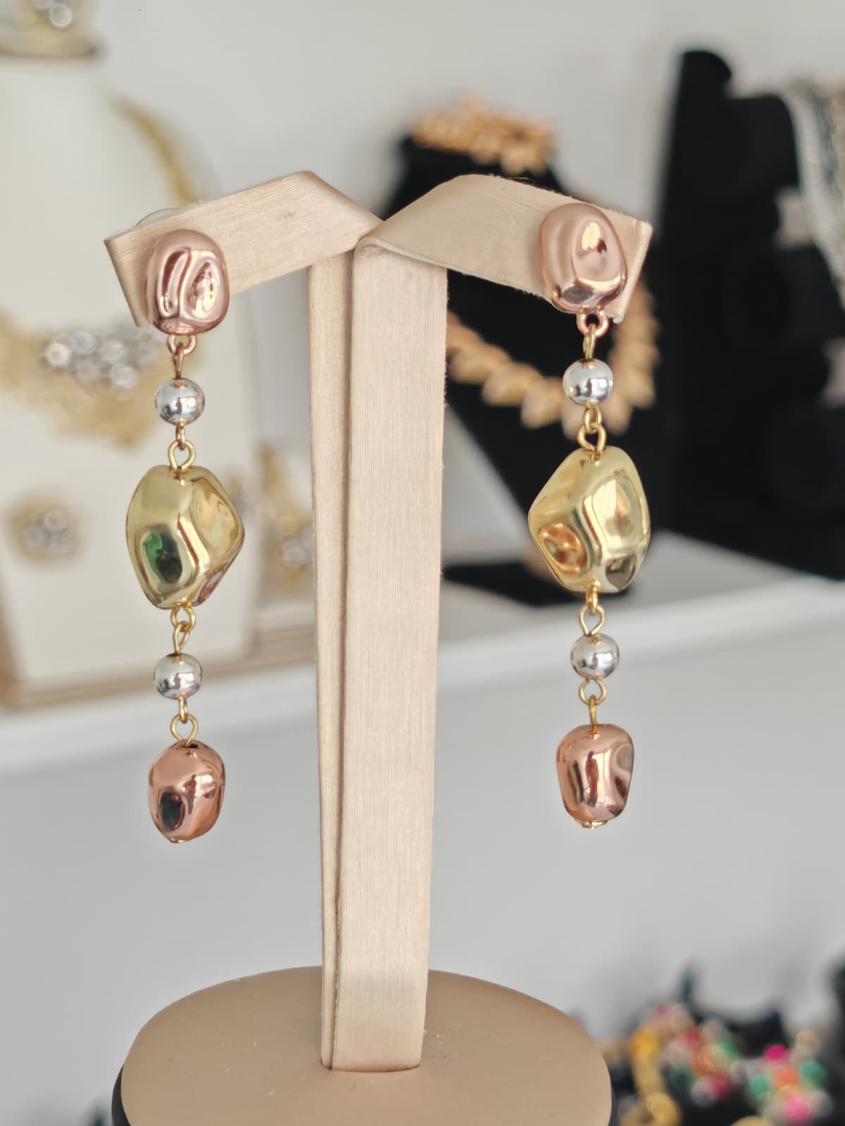 Mixed Metal Gold Rose Gold Silver Dangle Earrings for Women – Long Statement Drop Earrings