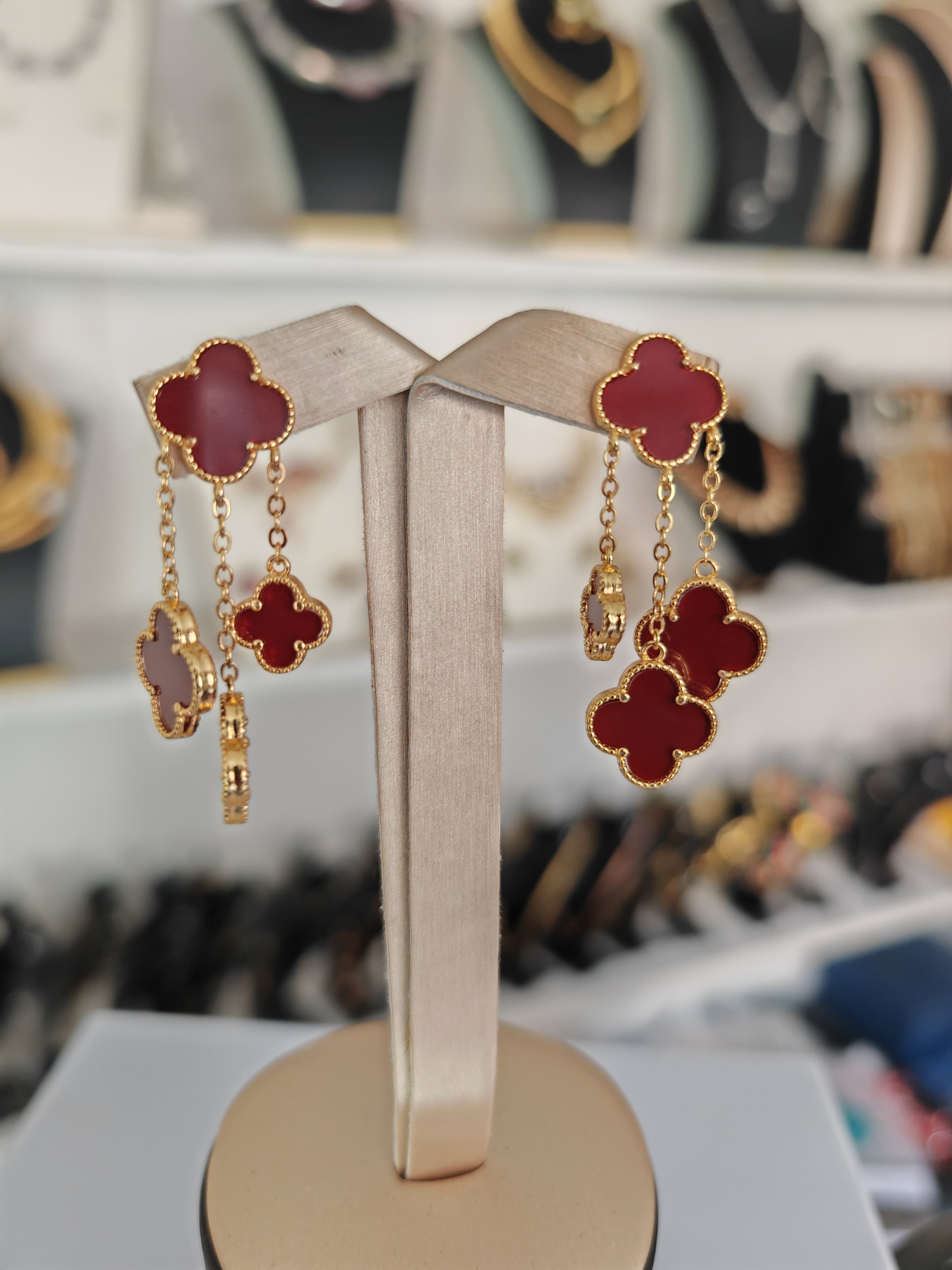 Red Clover Flower Gold Dangle Earrings for Women – Elegant Statement Drop Earrings