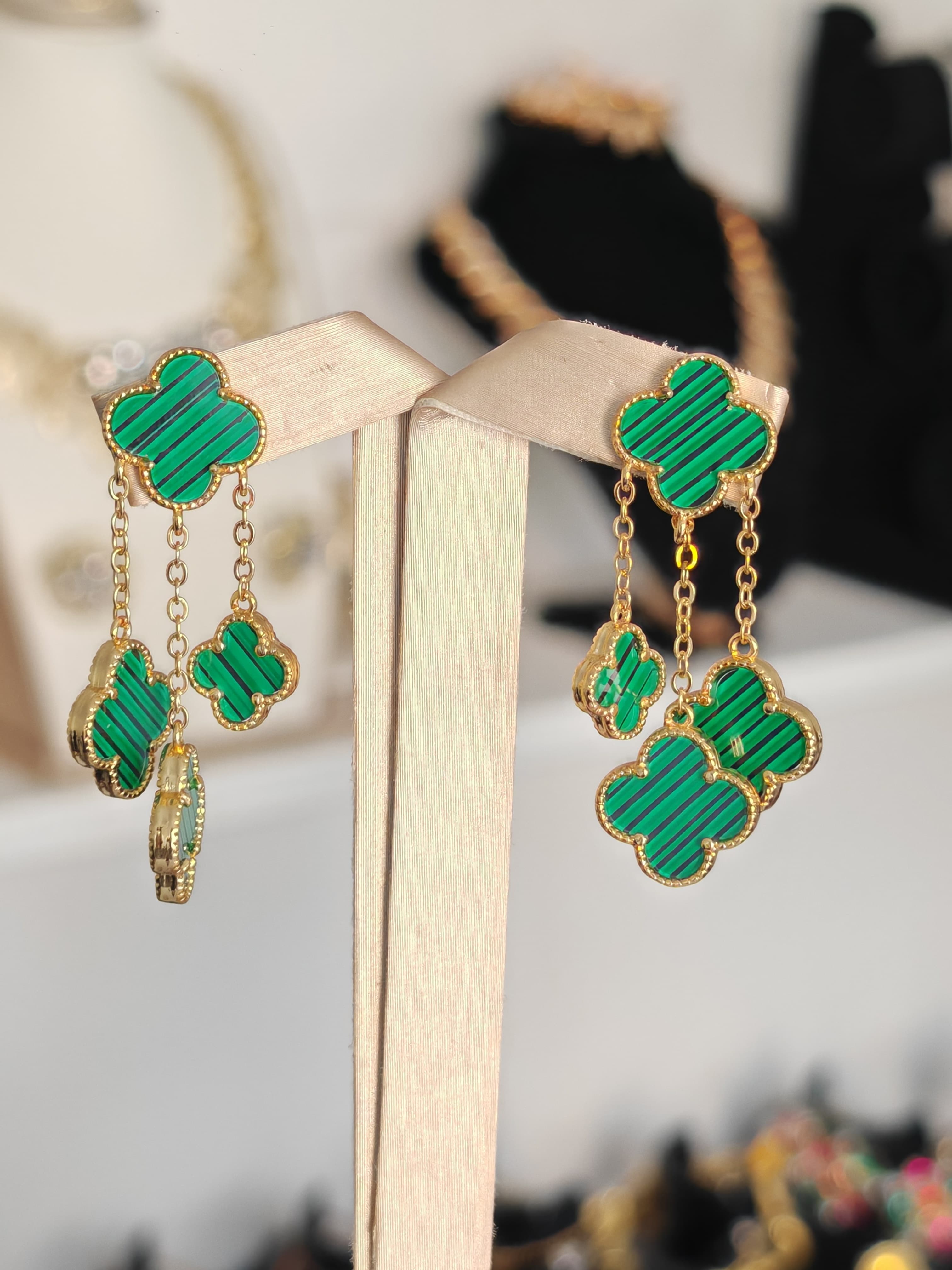 Green Clover Flower Gold Dangle Earrings for Women – Statement Floral Drop Earrings