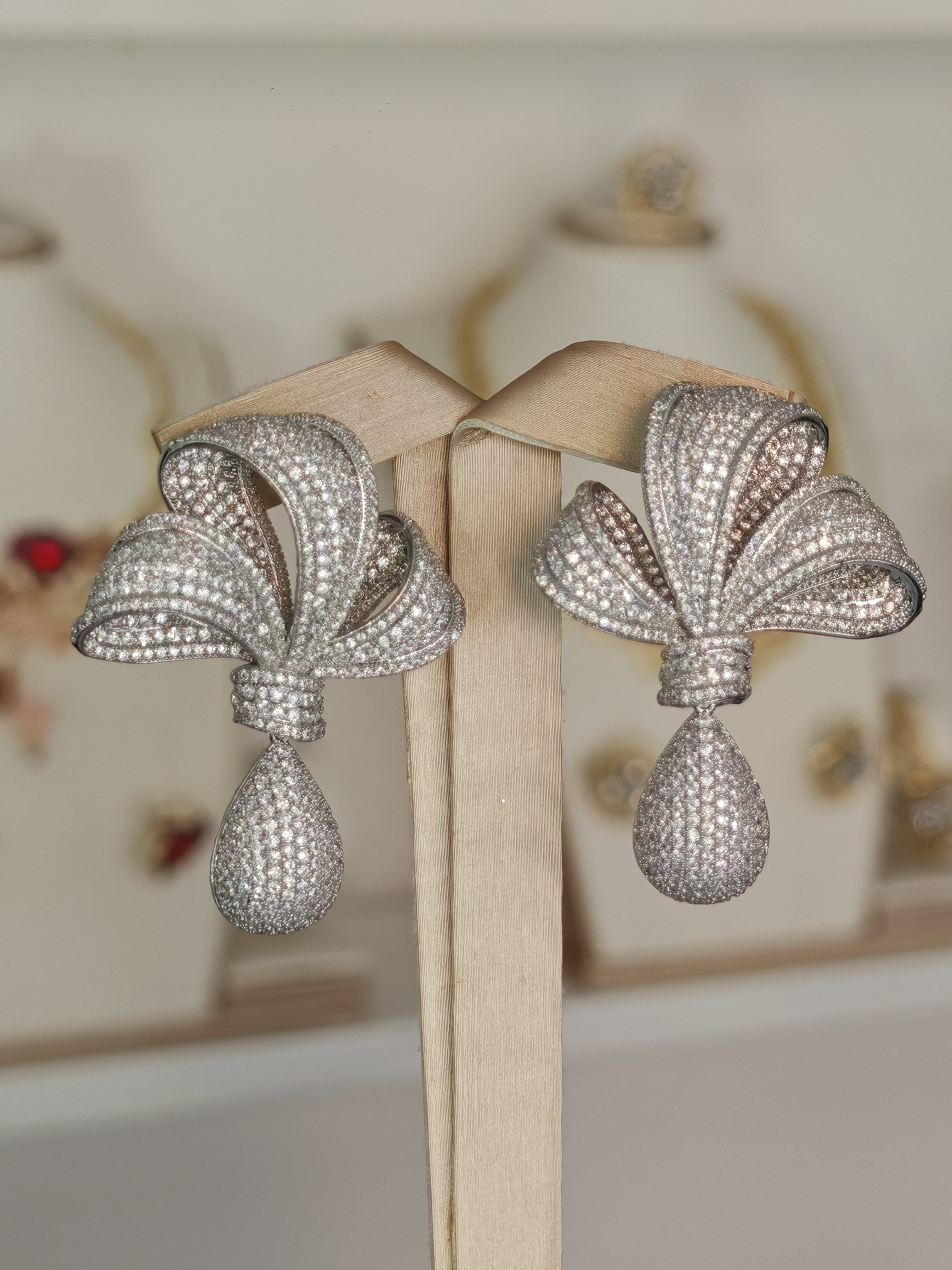 Silver Rhinestone Bow Dangle Earrings for Women – Sparkling Teardrop Statement Earrings