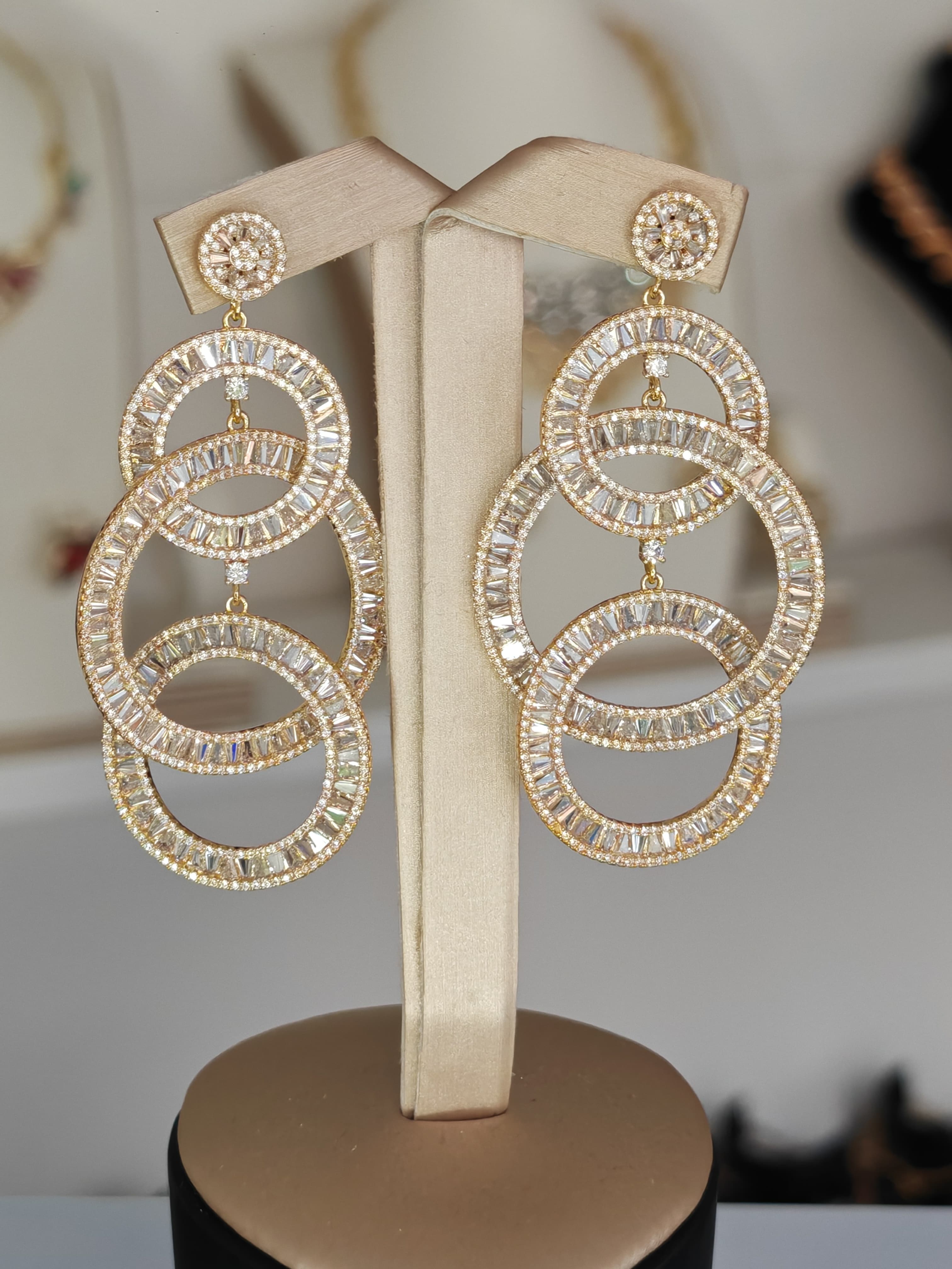 Gold Crystal Triple Circle Dangle Earring For Women - Elegant Statement Drop Earrings
