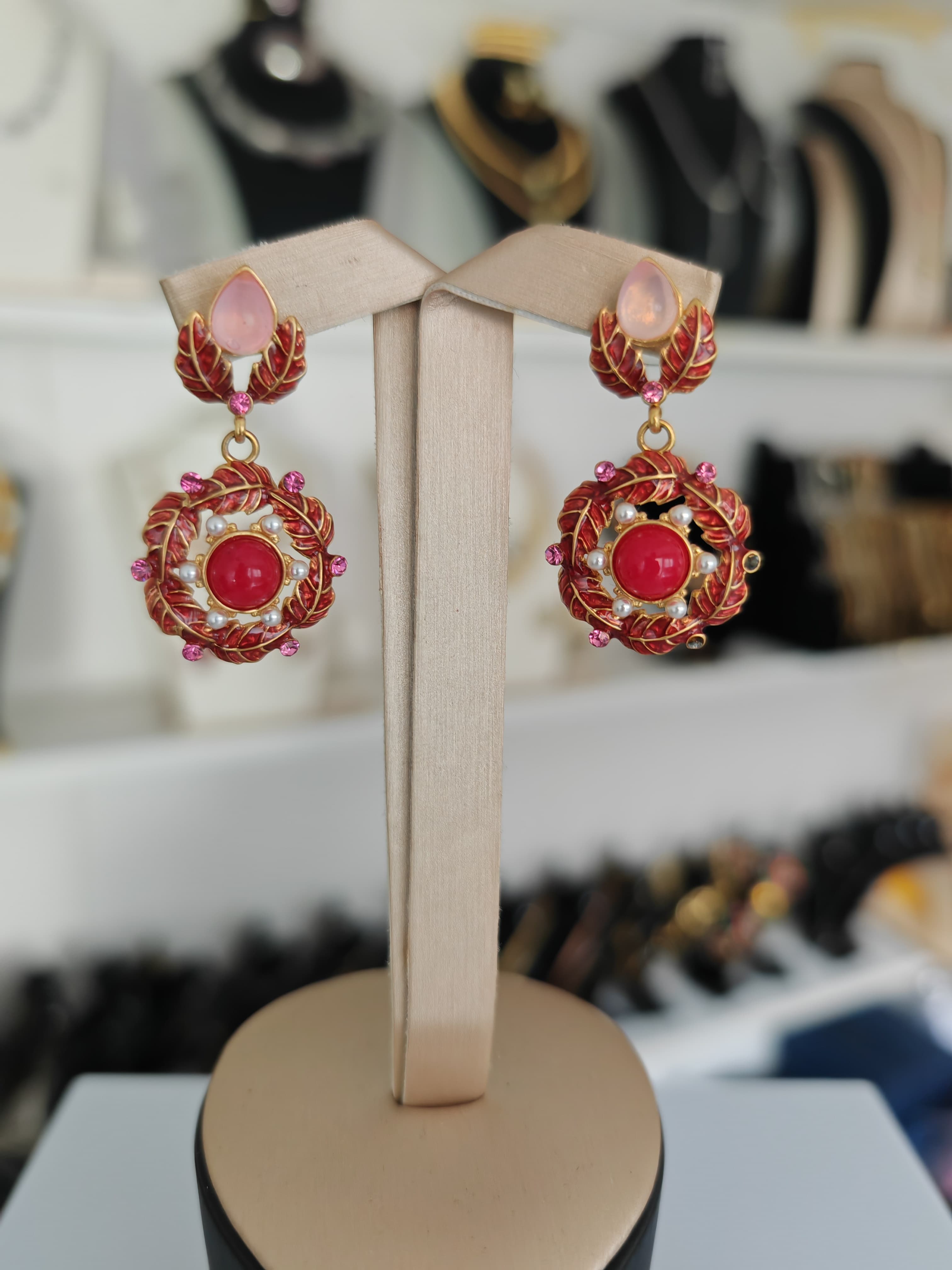Red Floral Pearl Dangling Earrings For women - Gold-Tone Crystal Statement Drop Earrings